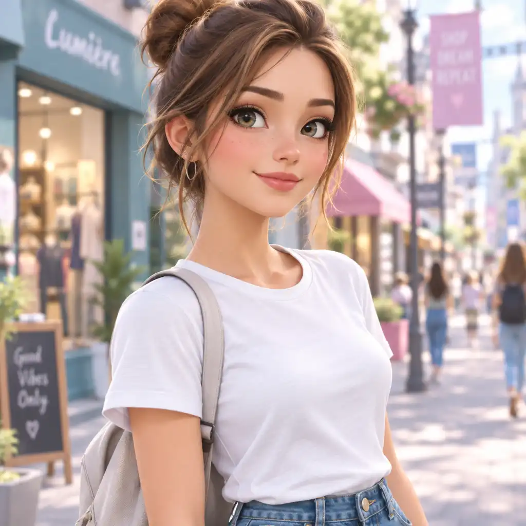 Avatar féminin en tenue décontractée dans une rue animée