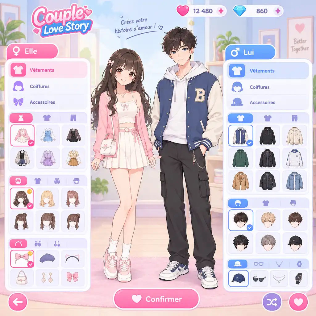 Écran de personnalisation des personnages avec options de vêtements, coiffures et accessoires