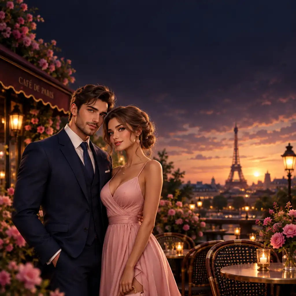 Deux avatars élégamment habillés dans un café parisien romantique