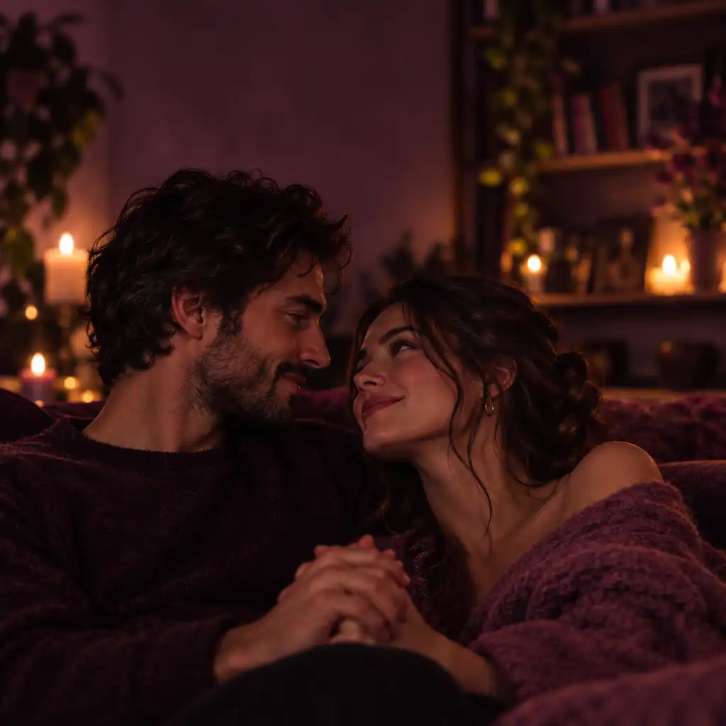 Couple dans un intérieur chaleureux éclairé par des bougies, se regardant avec complicité