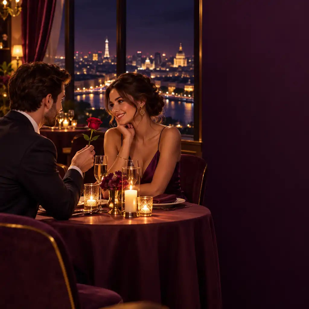 Couple attablé dans un restaurant chic, l'homme offrant une rose à la femme
